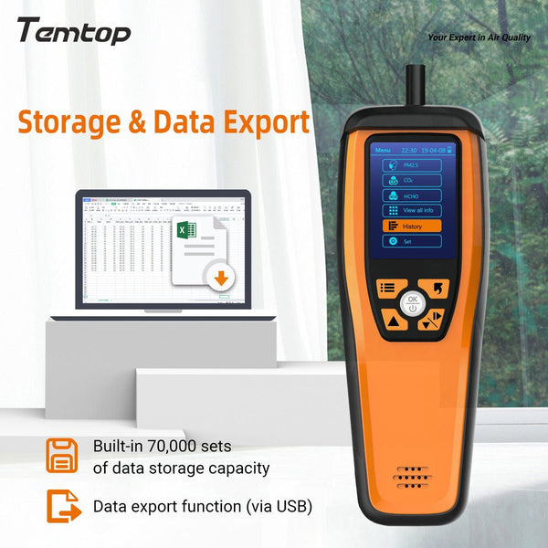 Temtop Handheld Air Quality Monitor for CO2, PM2.5, PM10, with Audio Alarm,  Temp & Humidity Insights, Data Export, M2000C 2ND