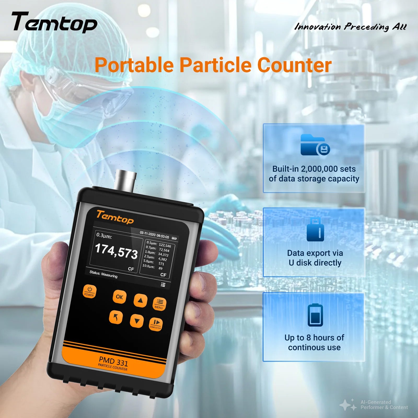 Temtop PMD331 Particle Counter 7 Channels 0.3μm 0.5μm 0.7μm 1μm 2.5μm 5μm 10μm Particle Size