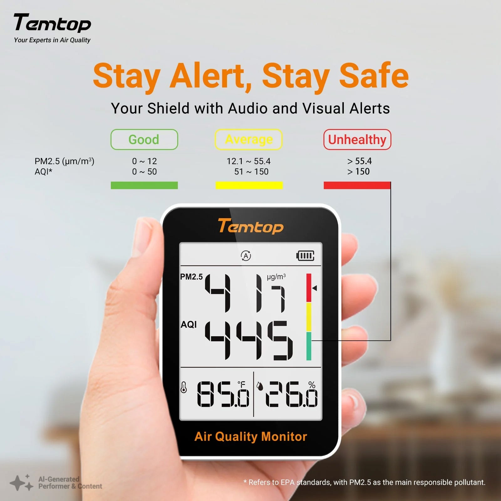Temtop S1-up Indoor/Outdoor Thermometer & Hygrometer with Air Quality Monitor - Precision Air Quality Thermometer for Home, Office or School, Air Quality Tester, Battery Powered, Magnetic Suction