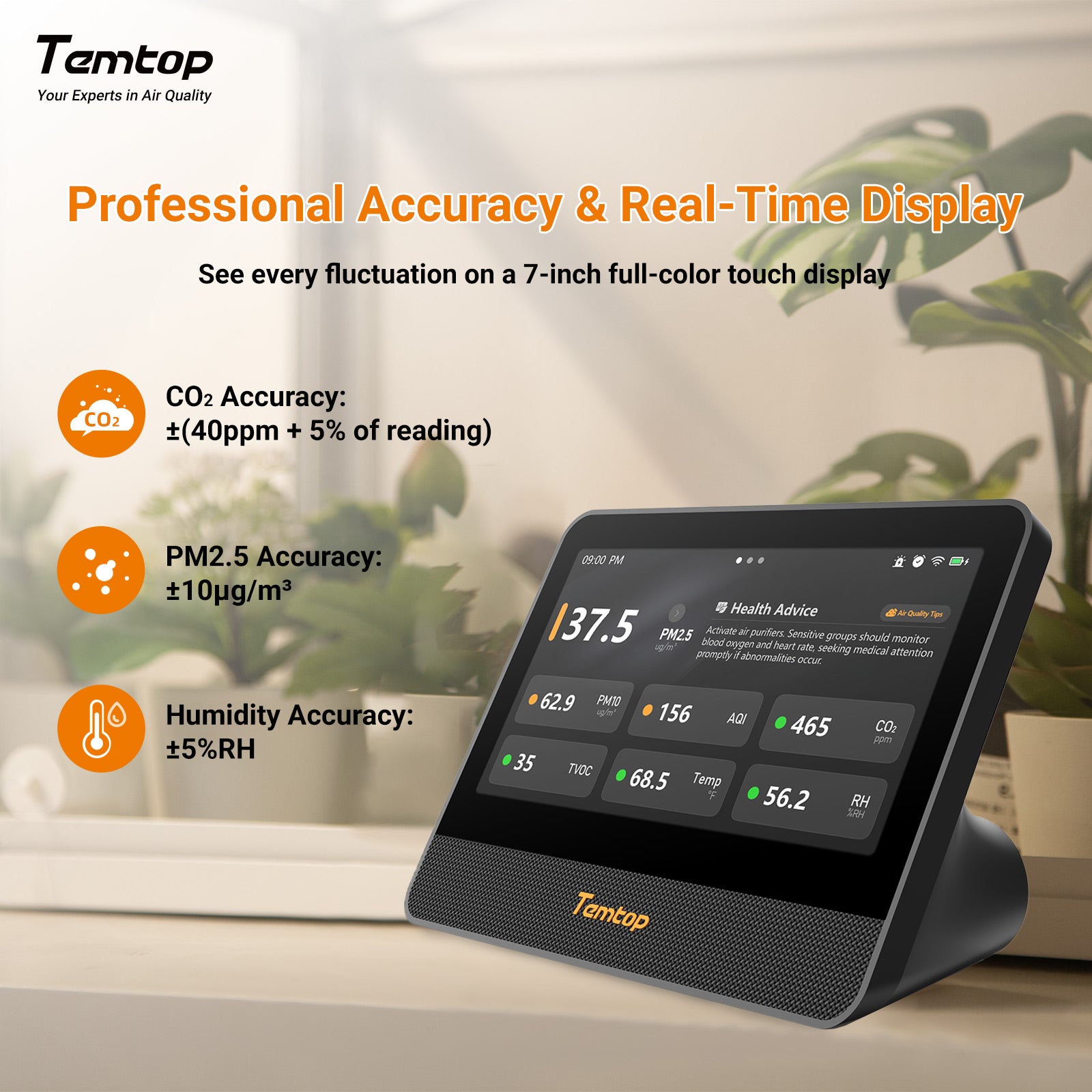 Temtop M100 2nd WiFi Air Quality Monitor – 7” Touch Screen Indoor CO2, PM2.5, PM10, TVOC, Temperature & Humidity Detector, Smart Multi-Room Air Analyzer with LoRa Expansion