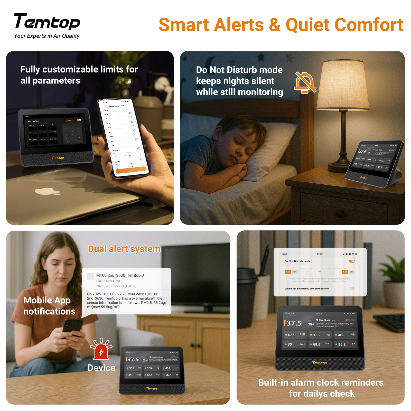 Temtop M100 2nd WiFi Air Quality Monitor – 7” Touch Screen Indoor CO2, PM2.5, PM10, TVOC, Temperature & Humidity Detector, Smart Multi-Room Air Analyzer with LoRa Expansion