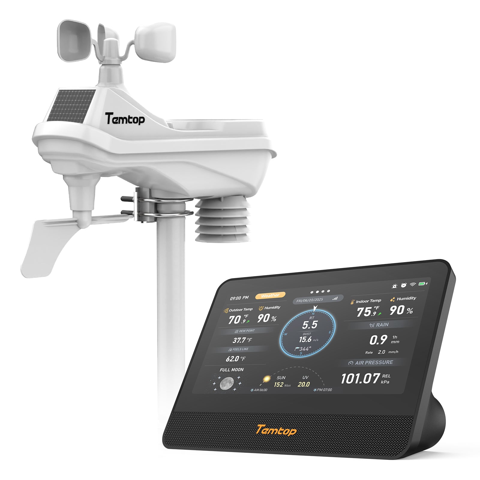 Temtop W100 WiFi Weather Station with Air Quality Monitor, 7" Touchscreen Indoor Outdoor Weather Station, PM2.5/PM10/CO2/TVOC Monitor, Rain Gauge, Wind Speed & Direction, UV, AQI Forecast