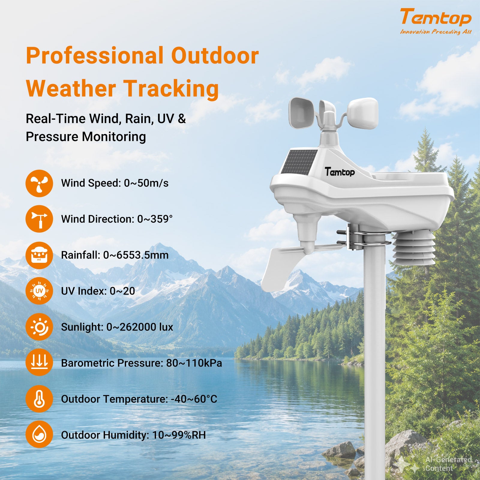 Temtop W100 WiFi Weather Station with Air Quality Monitor, 7" Touchscreen Indoor Outdoor Weather Station, PM2.5/PM10/CO2/TVOC Monitor, Rain Gauge, Wind Speed & Direction, UV, AQI Forecast