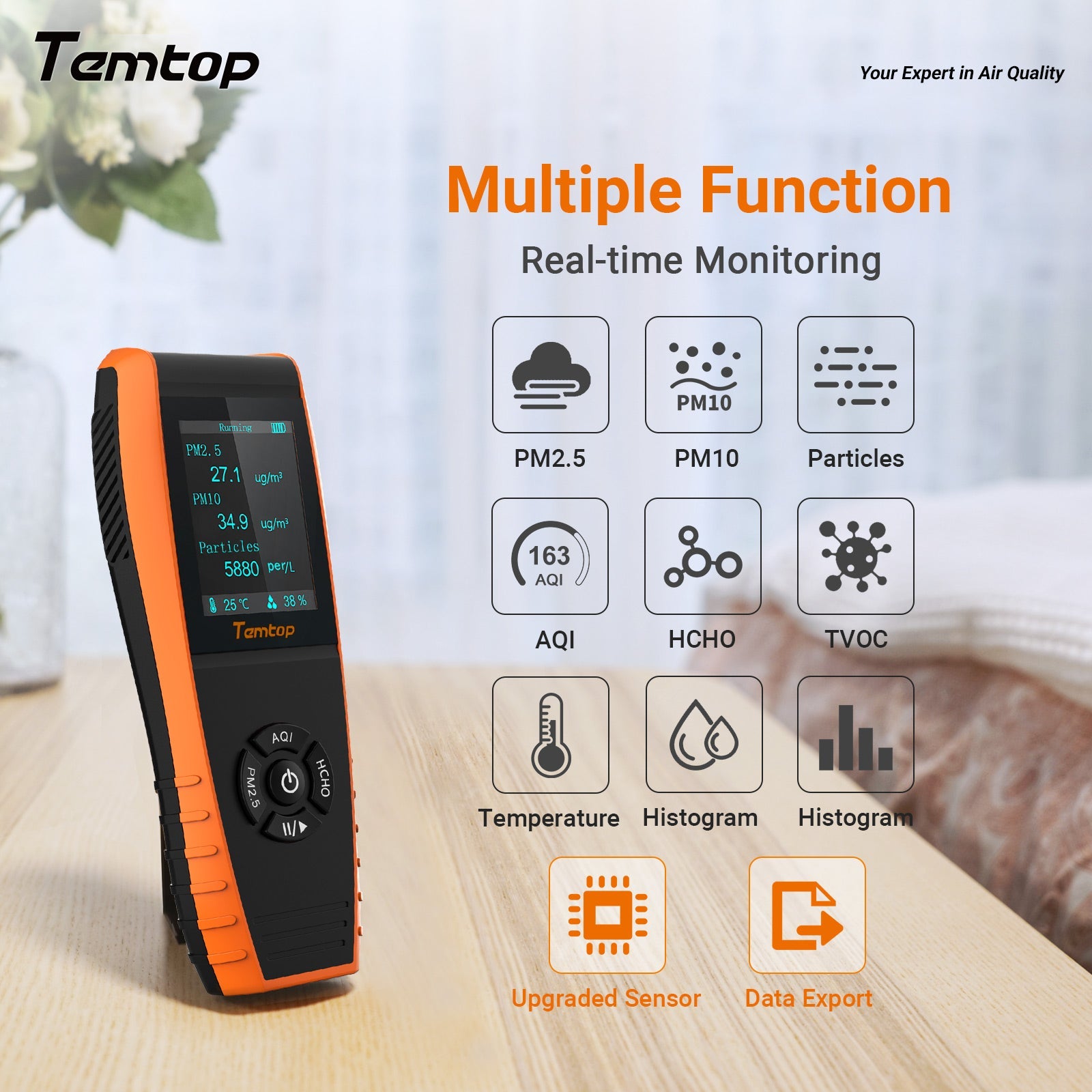 Temtop LKC-1000S+ 2nd AQI PM2.5 Detector Professional Air Quality Monitor PM10 TVOC HCHO Data Export