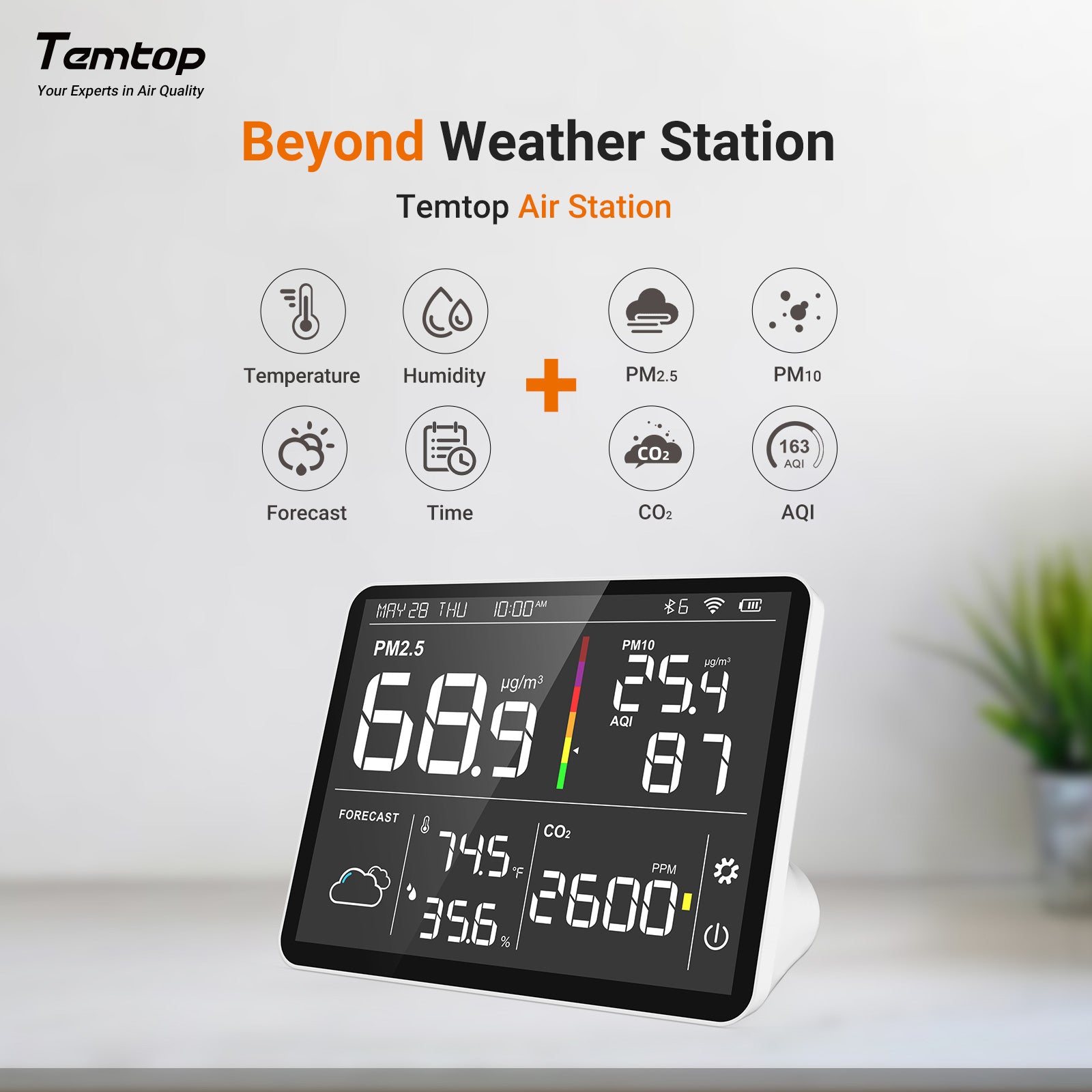 Temtop M100 8 in 1 Air Quality Monitor AQI Sensor For CO2 PM2.5 PM10 Temperature Humidity Meter - Temtop