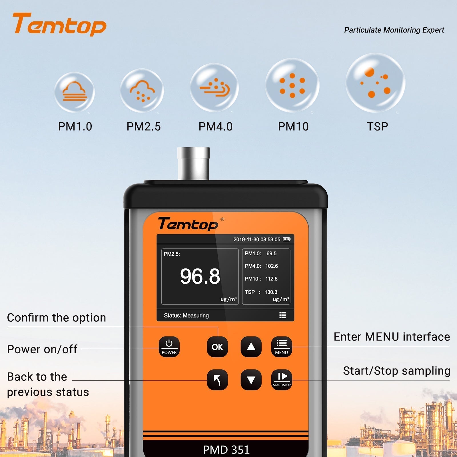 Temtop Aerosol Dust Monitor Handheld PM Sensor PM1.0, PM2.5, PM4.0, PM10,TSP, PMD 351 + M100 - Temtop