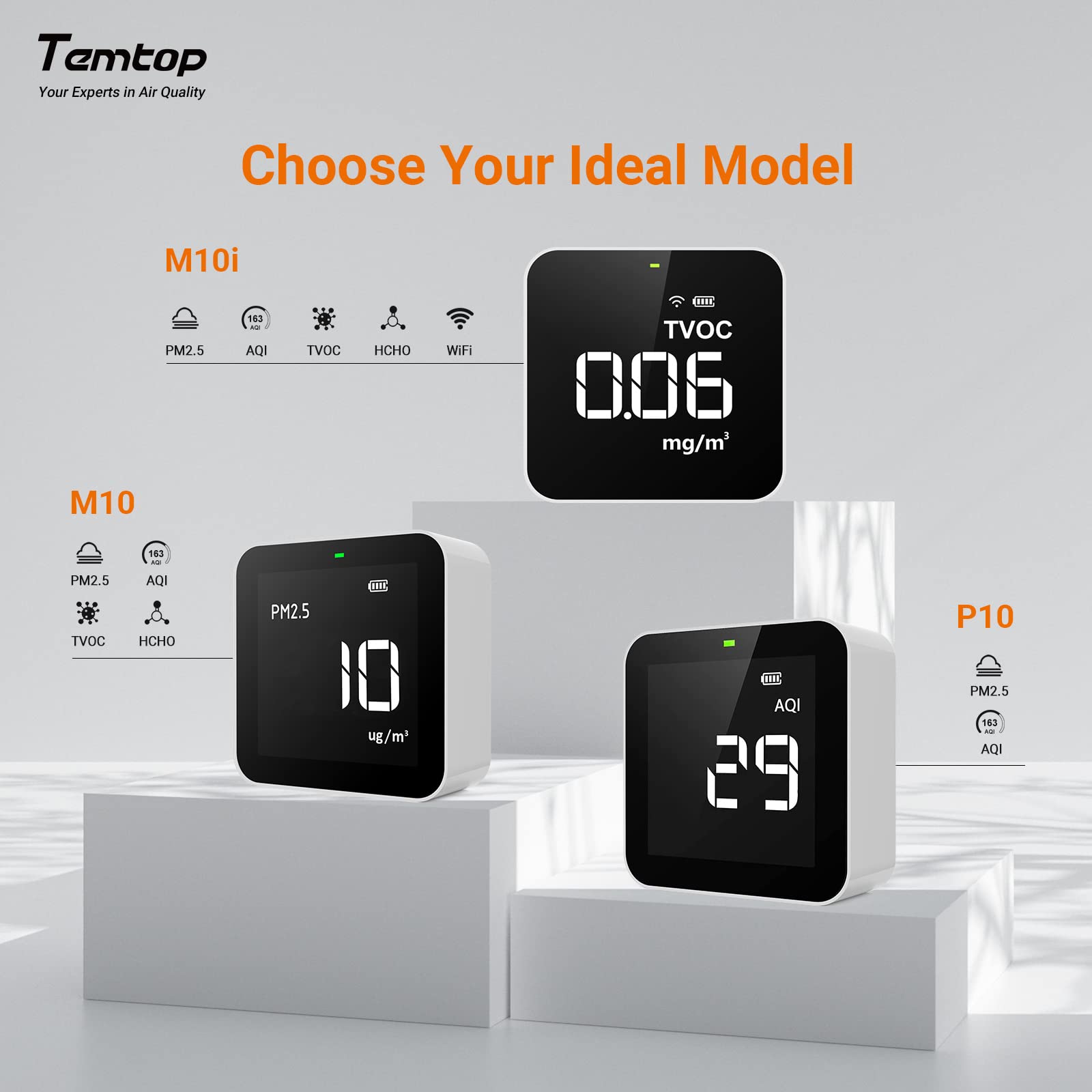 Temtop M100 8 in 1 Air Quality Monitor For CO2 PM2.5 PM10 AQI Temperat