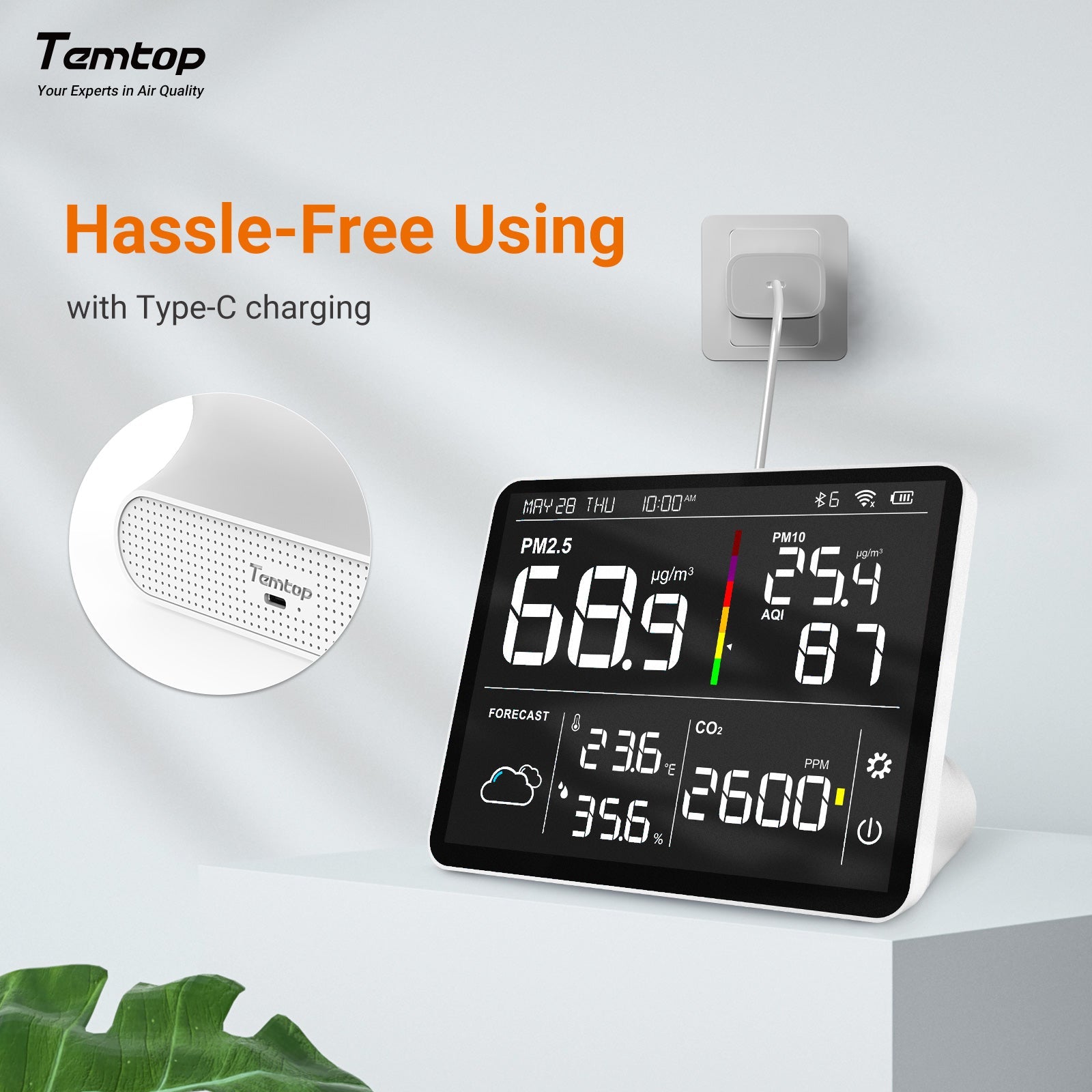 Temtop M100 8 in 1 Air Quality Monitor AQI Sensor For CO2 PM2.5 PM10 Temperature Humidity Meter - Temtop