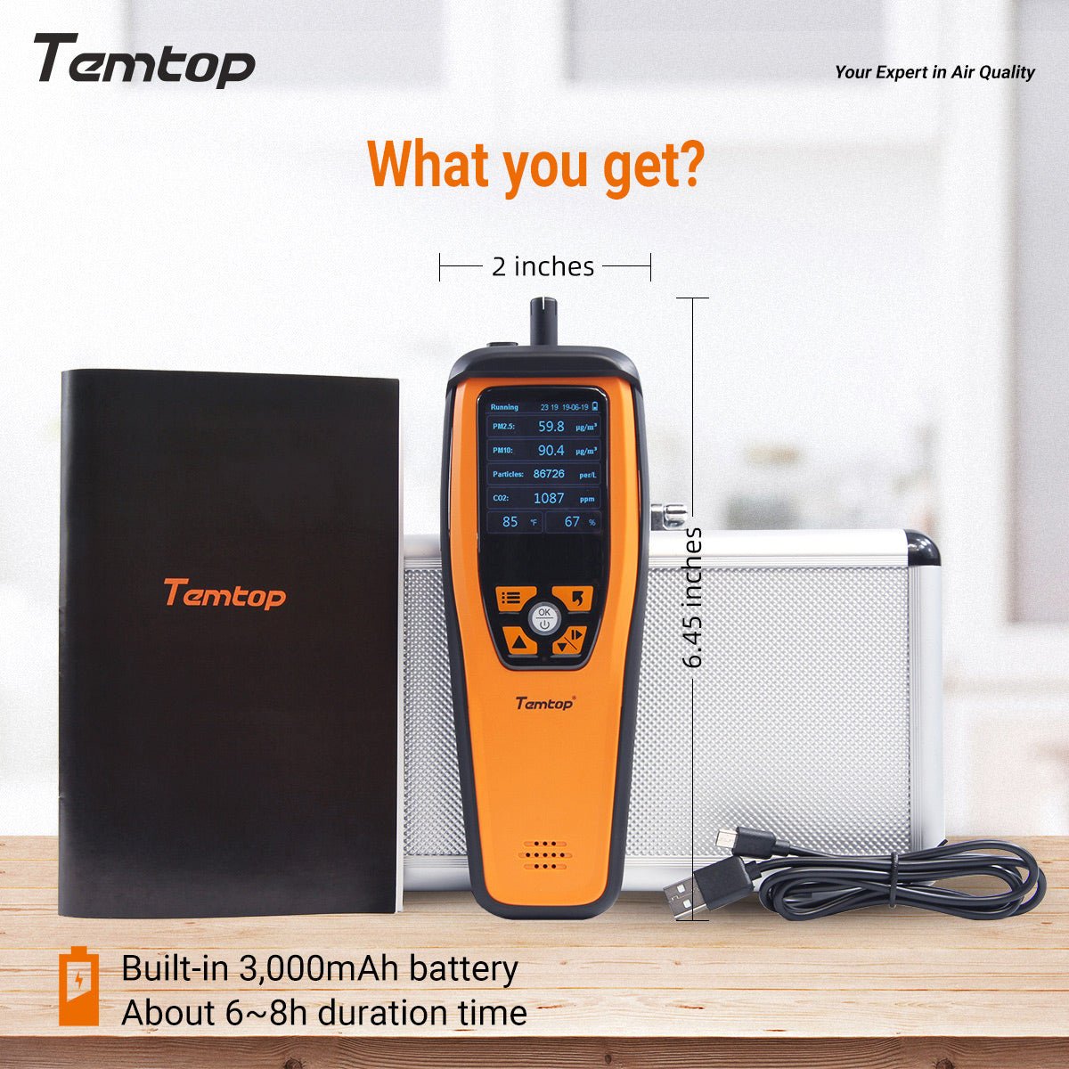Temtop M2000C CO2 Air Quality Monitor Detects CO2 PM2.5 PM10 and Temperature and humiditiy with easy Calibration - Temtop